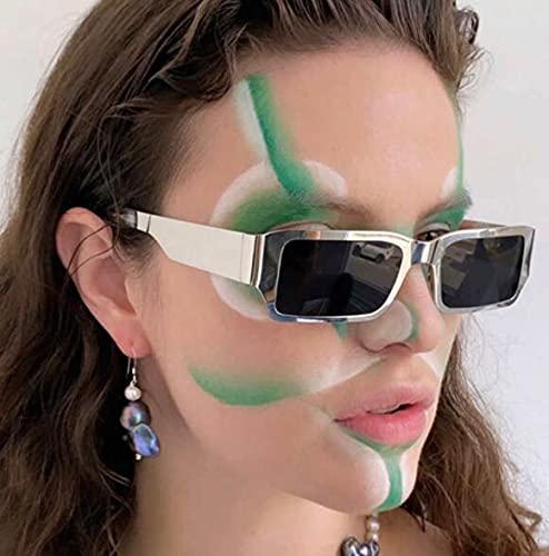 Square Small Frame Steel Leather Metal Sunglasses Personality Hip-hop Anti-UV Sunglasses (Gun Frame Gray Flakes)4