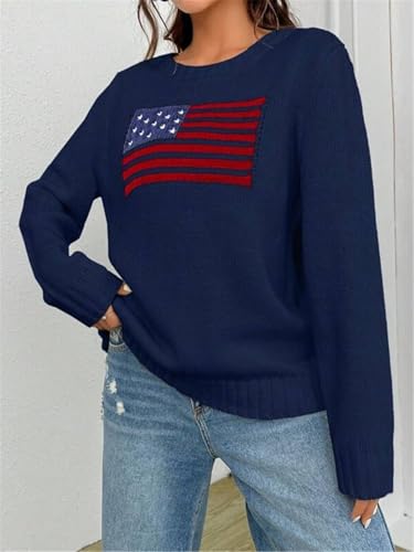 Women's Flag Pattern Long Sleeve Round Neck Sweater Casual Loose Pullover Sweater Top3