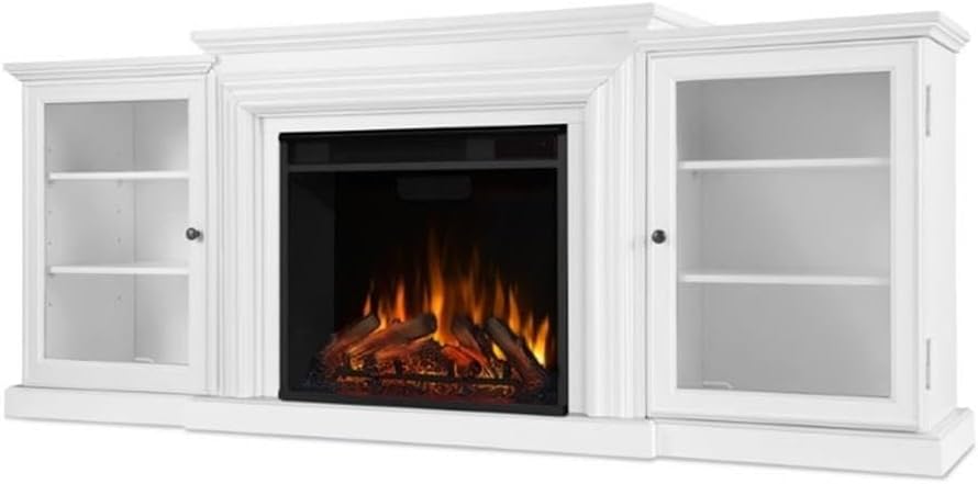 BOWERY HILL Traditional Wood Electric Fireplace TV Stand, White Finish, 72" Wide, Solid Wood and Veneered MDF Construction, Adjustable Shelving, Glass Doors, Infrared LED Technology for Living Room