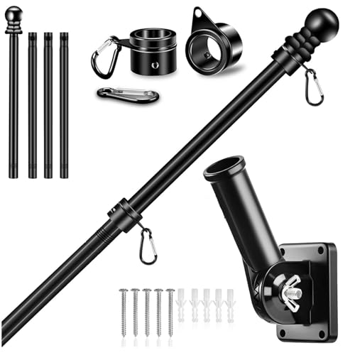 Flag Pole Kit,1.8m/6FT Adjustable Flag Poles for Garden,Adjustable Wall Mounted Flagpole with Stainless Steel Mounting Bracket,Flags Pole Set for House Garden Yard Outdoor Fence Commercial (Black)