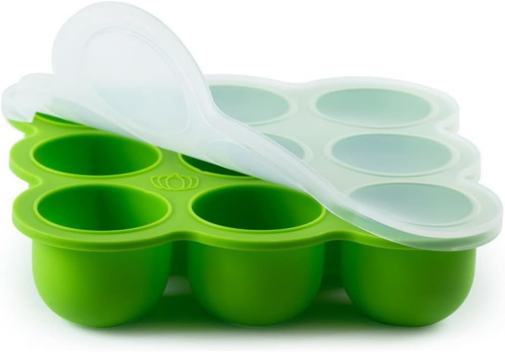 Silicone Baby Food Storage Container and Freezer Tray - Food-Grade Silicone Mold with Clip-On Lid - 9 x 2.5 Oz Easy Out Portions (Green)