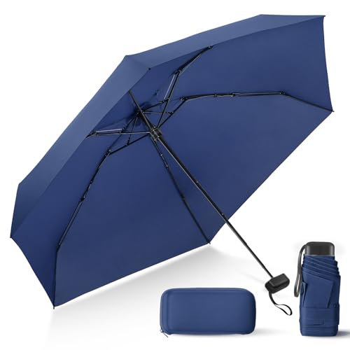 LEAGERA Compact Travel Umbrella with Case - Mini Umbrella for Purse, Small Lightweight &Tiny Design Perfect for Parasol Outdoor Sun&Rain Umbrellas,Dark Blue