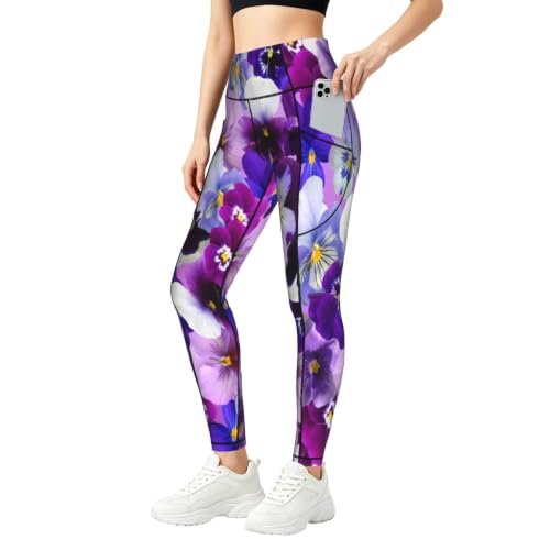 Pantalones de yoga morados con bolsillos legging estampado