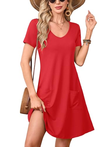 Image of Heymoments Summer Dresses for Women Short Sleeve V Neck Swing Sundress Casual A-Line Flowy Dress with Pockets S-2XL