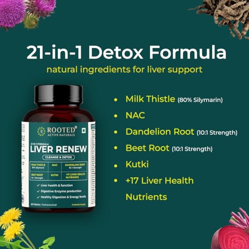 Image of Rooted Active's Liver Detox Supplement with Milk Thistle, N-Acetyl Cysteine, Berberine, Beetroot, Detox & Digestive Enzymes | Fatty Liver Care | Natural Detoxification | Organic | 60 Tablets