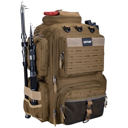 Goture フィッシングリュック 釣りバッグ 900Dオックスフォード 45L大容量 撥水加工 レインカバー付き ロッドホルダー 軽量 タックル収納 携帯性 多機能 釣り 登山 アウトドア カーキ