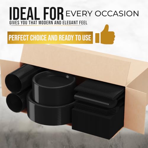 Image of Exquisite 350 Pcs Black Plates and Napkins Party Supplies Plate Sets | Sturdy Plastic Dinnerware Set With 9 inch & 7 inch Plates, 12 Oz Cups, Lunch Napkins and Cutlery Serves 50 for Birthdays & Everyday