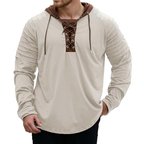 Men's Vintage Medieval Hoodie Long Sleeve Tactical Lace Up Pullover Sweatshirt Distressed Tops