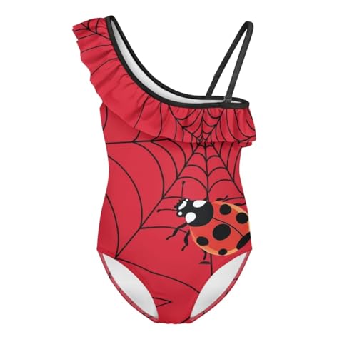 Image of Ladybug Swimsuits for Girls 5-14 One Piece Bathing Suit Kids One Ruffle Shoulder Beach Sport Swimwear