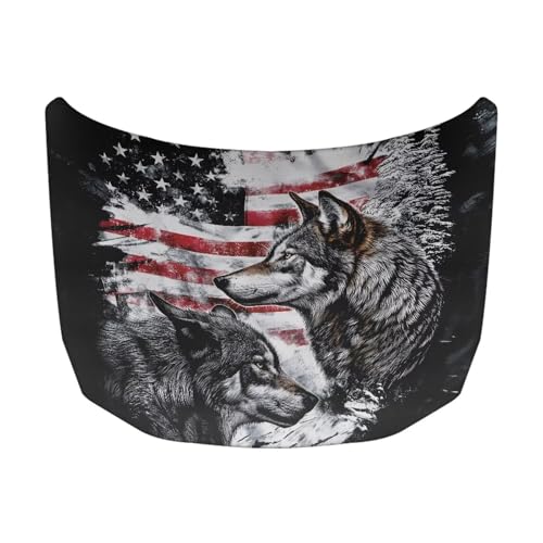 Image of Generic Car Hood Cover Flag, American Flag Wolves Waterproof Dustproof Car Bonnet Banner Elastic Universal Car Cover Windproof Hood Wraps for Most Vehicles All Season Protection
