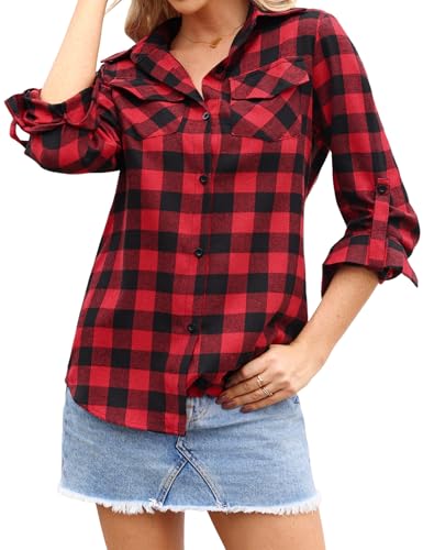 Irevial Damen Karierte Bluse Karo Flanell Hemden Classic Button-down Blusenshirt Langarm Plaid Shirt Oberteile für Frühling und Herbst Rot XL