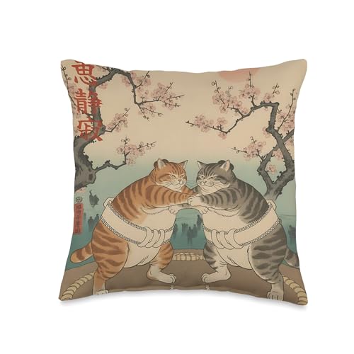 Japanese Sumo Cats Art Traditional Culture Throw Pillow