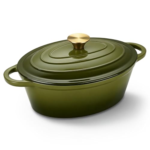 Oval Dutch Oven for Bread Baking, 4.5 Quart Non Stick Enameled Cast Iron Dutch Oven Pot with Lid, Oven Safe Oval Casserole with Lid up to 500°F for Baking, Braising, Stews, Roasting, Golden Green