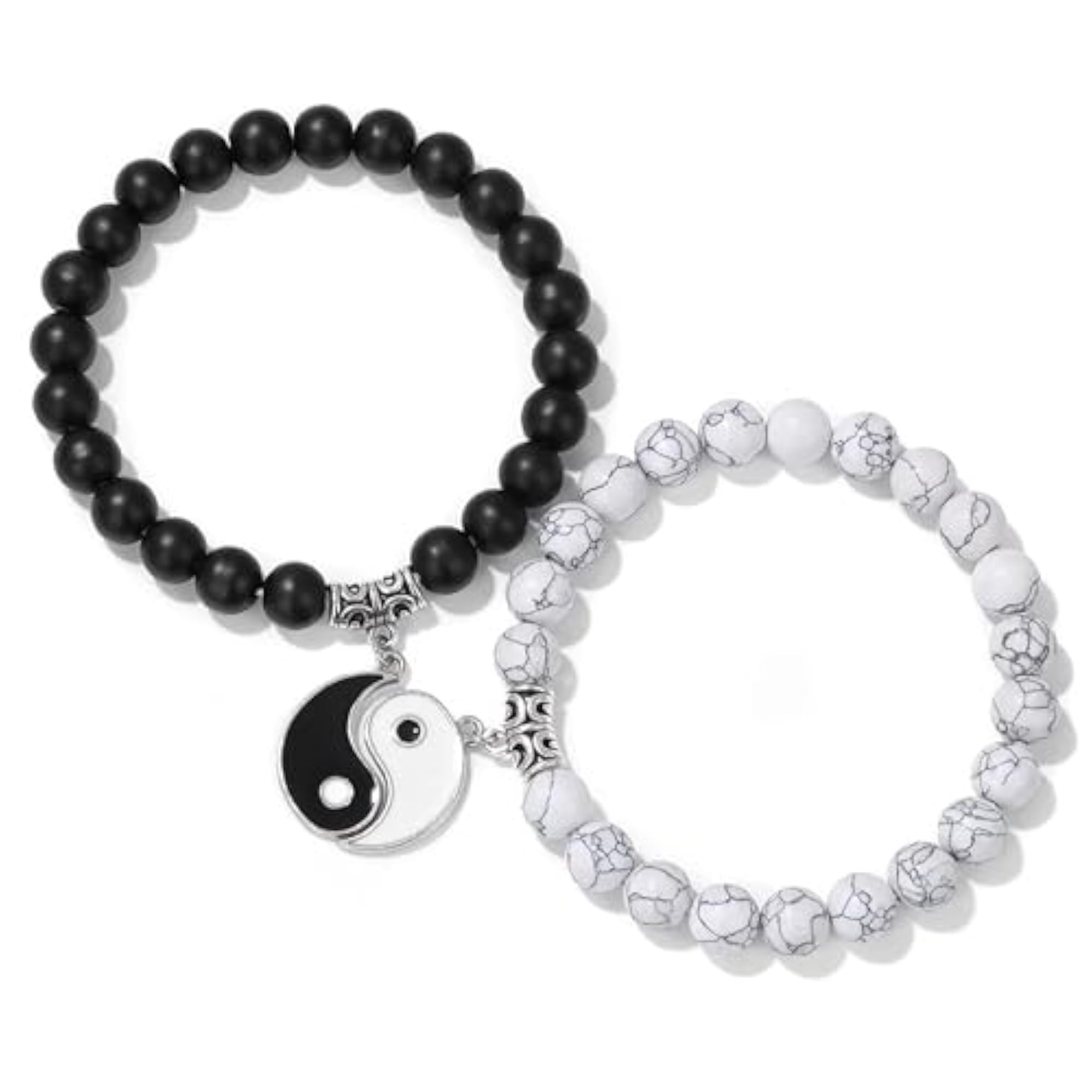 Couple Black & White Onyx Stretchable Wrist Band Bracelets