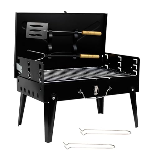 Crystals Portable Charcoal BBQ Grill Foldable Stainless Steel Camping Barbecue with Tool Set Small Travel Mini BBQ for Garden Picnic & Outdoor Cooking Black