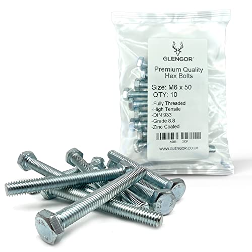 Glengor Premium M6 x 50mm Hex Bolt | Fully Threaded Setscrew Zinc 8.8 | Pack of 10