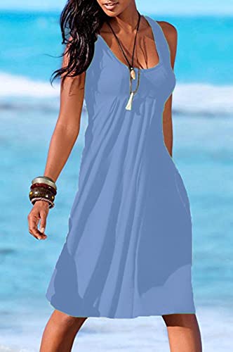 Image of Camisunny Women Casual Loose Tank Dresses Sleeveless Beach Vacation Dress Swing Pleated U Neck Fashion Soft