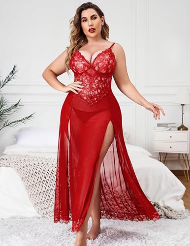 Image of Avidlove Plus Size Lingerie for Curvy Women Long Lace Babydoll Nightdress | V neck sheer mesh nightgown,g-string included,high side slits,adjustable straps,curve-flattering fit,maternity photoshoot