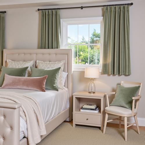 Image of Blackout Olive Sage Velvet Curtains Rod Pocket 52x63 Inch 2 Panels | Soft Velvet, Light Filtering, For Small Windows, Kitchens & Bathrooms, Light Shifting Texture, Elegant Drape, Serene