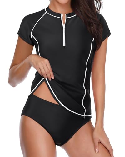 Holipick 2 Piece Short Sleeve Rash Guard Women Zip Up Swimsuits SPF Swim Shirts with Built in Bra