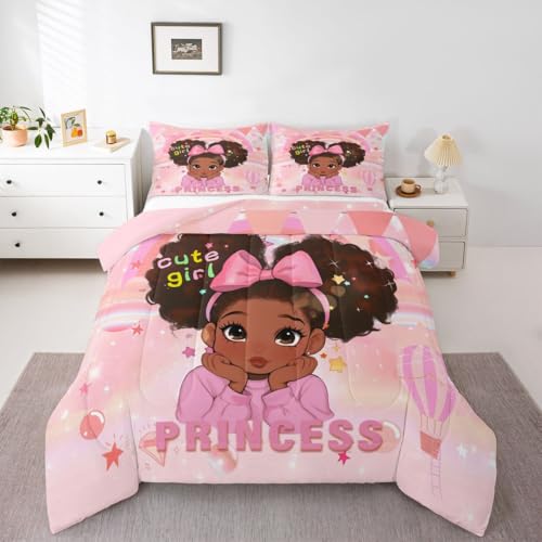 Image of Erosebridal Pink Black Girls Queen Bedding Set Magical African American Comforter Set for Nursery Afro Little Girls Comforter Cute Room Decor Melanin Bedroom Decor (1 Comforter, 2 Pillowcases)