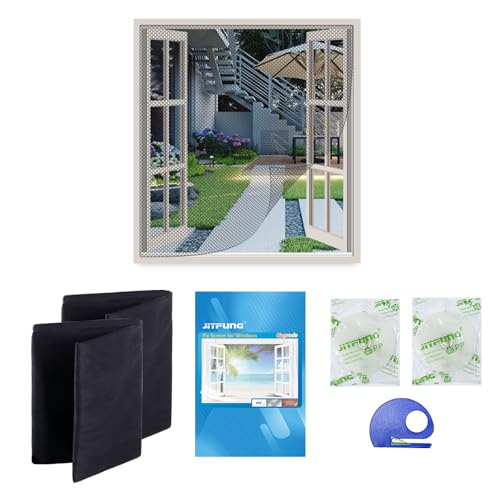 JIT-FUNG DIY Fly Screen for Windows, 2 Packs of Mosquito Net Insect Mesh 130x155CM with 2 Rolls [UPGARDE] Self-Adhesive Tapes & Cutter, Black (Honeycomb, Set of 2)