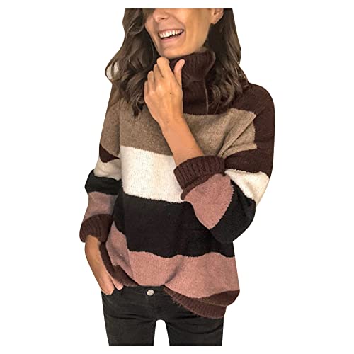 Aniywn Womens Casual Colorblock Turtleneck Sweaters Long Sleeve Chunky Knit Pullover Shirt Autumn Winter Warm Jumper Tops