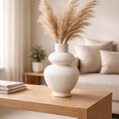 Image of SPHINX Ribbed Ceramic Vase for Home Decor | 6 Inch Matte Ivory Textured Flower Pot | Modern Nordic Style Table Vase for Living Room, Office & Bedroom Decoration