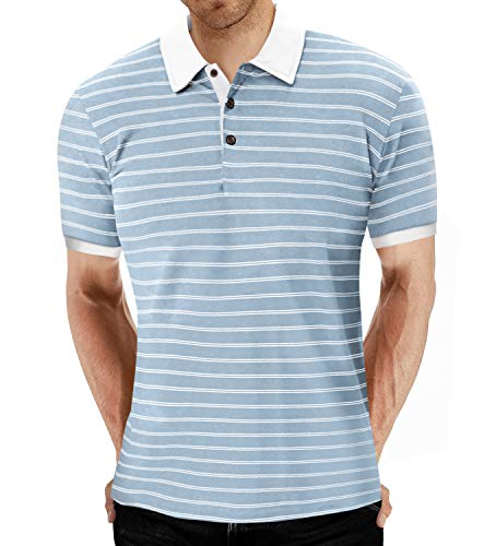 MLANM Men's Polo Shirt Short Sleeve Casual Slim-fit Basic Designed Stripe Cotton Shirts X-Large, Light Blue