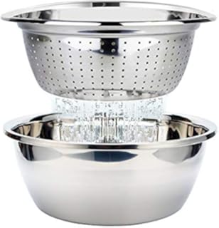 Edelstahl Sieb und Rührschüssel Set Seiher Küchensieb Nudelsieb Reis Waschschüssel Salat-Sieb Schüsselset Stapelbar Salatschüsseln Set, 26cm