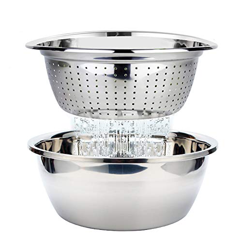 Edelstahl Sieb und Rührschüssel Set Seiher Küchensieb Nudelsieb Reis Waschschüssel Salat-Sieb Schüsselset Stapelbar Salatschüsseln Set, 26cm