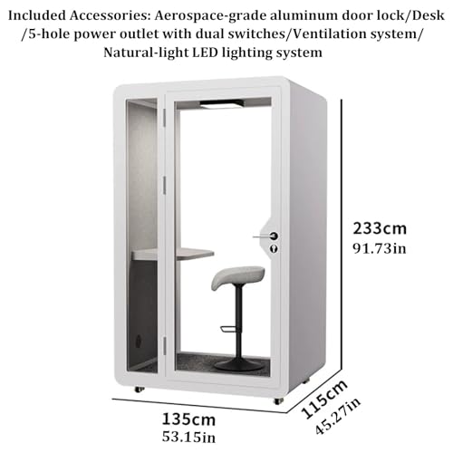 Solo Office Sound Booth Pod con ruedas, privacidad auditiva para llamadas y trabajo profundo, cabina acústica móvil para oficina, luz LED, ventilador, puertos AC USB (Blanco, 135x115x233cm) miniatura 7