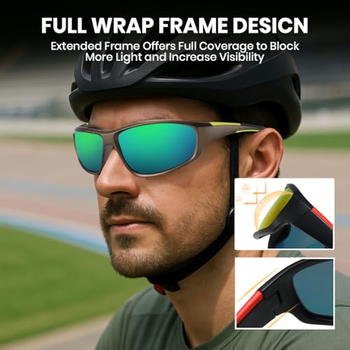 Image of PROBEROS HD Polarized Riding Sunglasses for Men - UV Protection, Anti-Glare, Stylish Riding Glasses with Case, Eyeglass Strap, Cleaning Cloth & Storage Bag (Green)
