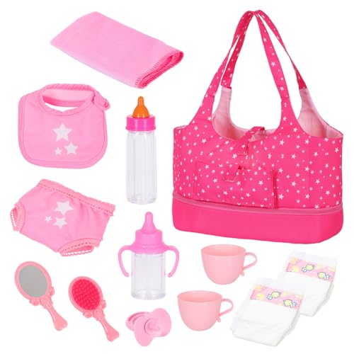13 Accessoires de Poupée dans Sac à Langer - Set Complet avec Biberon, Bavette, Tétine, Couche pour Poupée 40-45 cm - Cadeau Fille