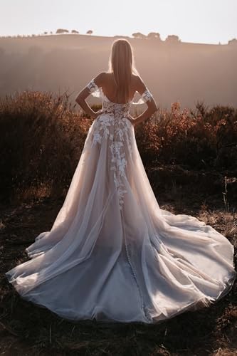 Wedding Dresses for Bride Boho Lace Appliques Empire Chapel A-Line V-Neck Tulle Bridal Gowns with Train3