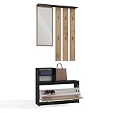 KOMPLETTES FLUR-SET: Dieses funktionale Set kombiniert alles, was Sie für einen perfekt organisierten Eingangsbereich benötigen: ein Paneel mit 6 stabilen Kleiderhaken, eine praktische Ablage, einen großen Spiegel und einen geräumigen Schuhschrank.
