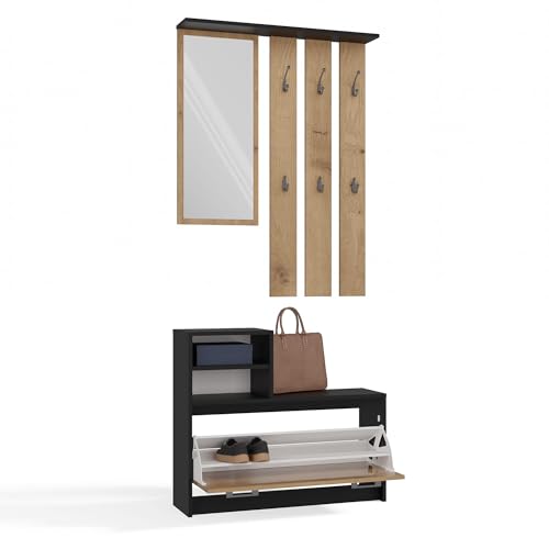 CDF Garderobe-Set Flurmöbel Set Wandgarderobe mit Spiegel und Schuhschrank Kompakte Flurkombination mit 6 Haken Schrank für 9 Paar Schuhe Modernes Design 85 x 24 x 180 cm - Anthrazit/Eiche Artisan