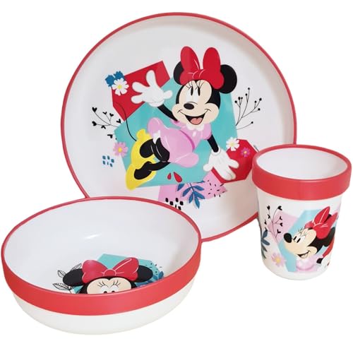 Set di stoviglie per bambini bicolore – Set composto da 3 pezzi: Piatto, ciotola e bicchiere per bambini – Set di stoviglie per bebé con base antiscivolo – Senza BPA (Minnie Mouse)