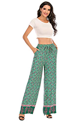 Love Welove Calça feminina de verão com elástico e cintura alta estampada Boho Hippie Palazzo Plus S
