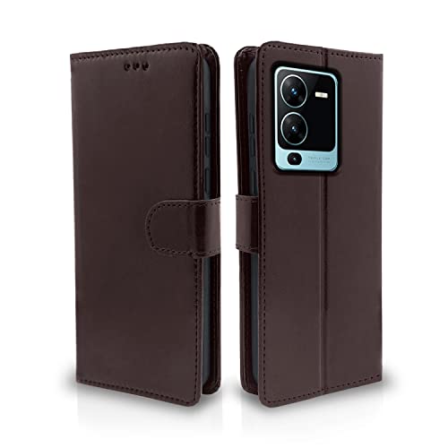 Image of Pikkme Vivo V25 Pro 5G Flip Case Leather Finish | Inside TPU with Card Pockets | Wallet Stand and Shock Proof | Magnetic Closing | Complete Protection Flip Cover (Coffee)