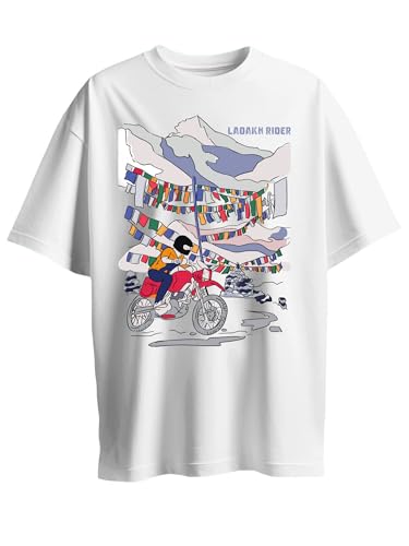 Image of T-Shirt for Men - 100% Cotton Ladakh Motorcycle Rider Half Sleeve Round Neck Graphic Print | Regular & Oversized Fit | 180 /220 GSM | S-5XL | Black, Navy Blue, Olive, Red, White