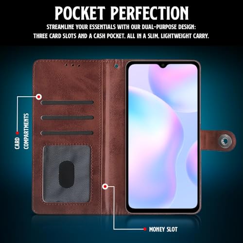 Image of WOW IMAGINE Shock Proof Flip Cover Back Case for Xiaomi Mi Redmi 9A | 9i | 9A Sport (Magnetic Button Flip Case | Wallet Pockets & Stand | Leather Finish | Coffee)
