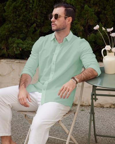 Friptspyg Leinenhemd Herren Hemd Langarm Baumwolle Leinen Hemden Button-Down Freizeithemden Casual Regular Fit Sommerhemd, Mintgrün XL 3