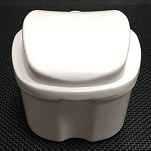 Denture Case, Denture Cup with Strainer, Denture Bath Box False Teeth Storage Box with Basket Net Container Holder for Travel, Retainer Cleaning (White)