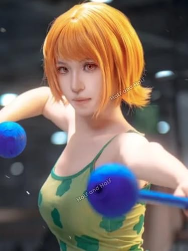 Image of Half and Half Short Orange Anime Wig for Women Vibrant Orange Cosplay Female Wig with Bangs Pirate Costume Wigs for Halloween Party Daily