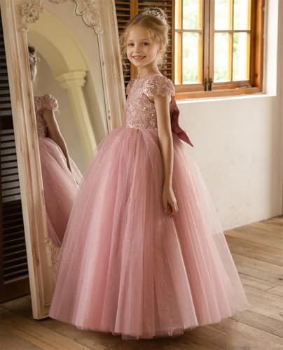 Jisisang Champagne Girls Lace Bridesmaid Dress Long A Line Wedding Pageant Dresses Tulle Flower Girls Special Occasion Party Gown Prom Photo Shoot Dress With Bow Champagne 12 thumb #1