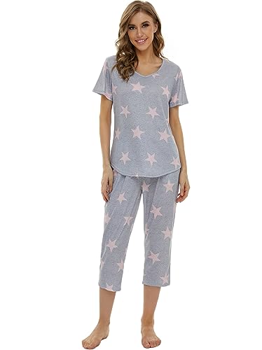 Moyee Women's Pajama Set Soft Lounge Outfits Short Sleeve Capri Pants With Pockets(#01 Grey Ps, Xx-Large) #TOP3