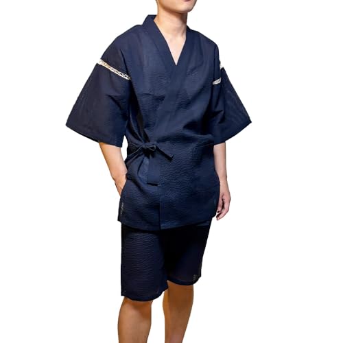 [部坂呉服店ＨＥＳＡＫＡ] 父の日ギフト 甚平 メンズ しじら織り 綿100% 大きいサイズ プレゼント 涼しい 夏用 部屋着 パジャマ / 4L 14(紺)