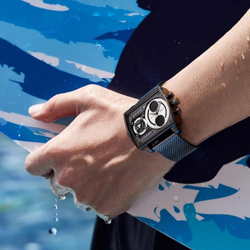 FEICE Wathes for Men Digital LED Analog Quartz Wristwatch Business Men’s Watch Multifunction Square Chronograph 24H Calendar Stainless Steel Band Waterproof Unique FK814