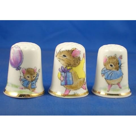 Porcelain China Collectable Thimbles Set of Three Party Mice Cover